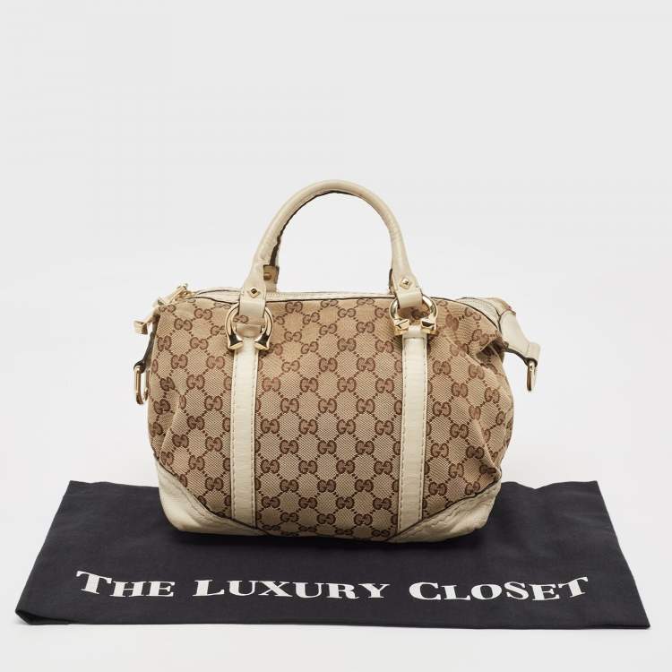 Pre Owned Gucci Beige/Off White GG Canvas and Leather Equestrian Horseshoe Satchel