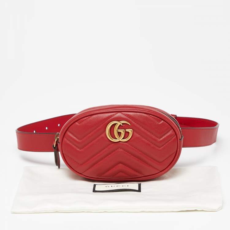 Pre Owned Gucci Red Matelassé Leather GG Marmont Belt Bag