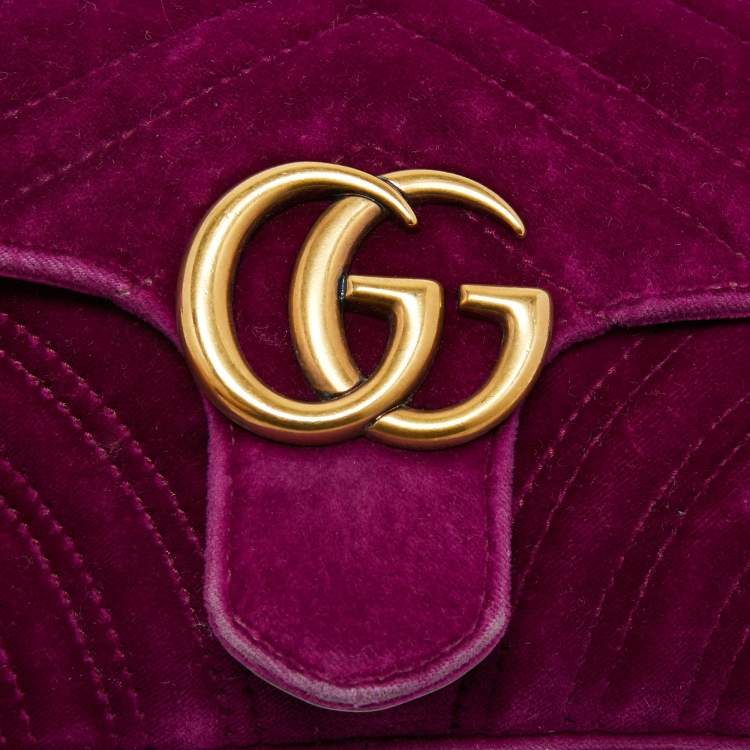Pre Owned Gucci Purple Matelassé Velvet Small GG Marmont Shoulder Bag