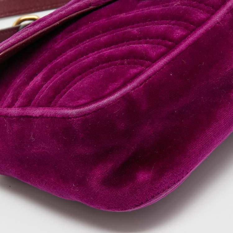 Pre Owned Gucci Purple Matelassé Velvet Small GG Marmont Shoulder Bag