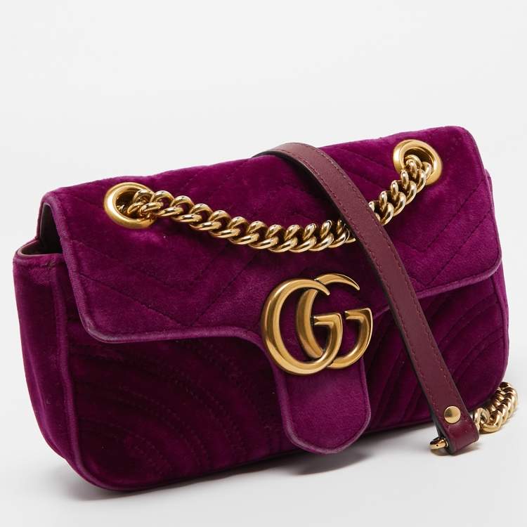 Pre Owned Gucci Purple Matelassé Velvet Small GG Marmont Shoulder Bag