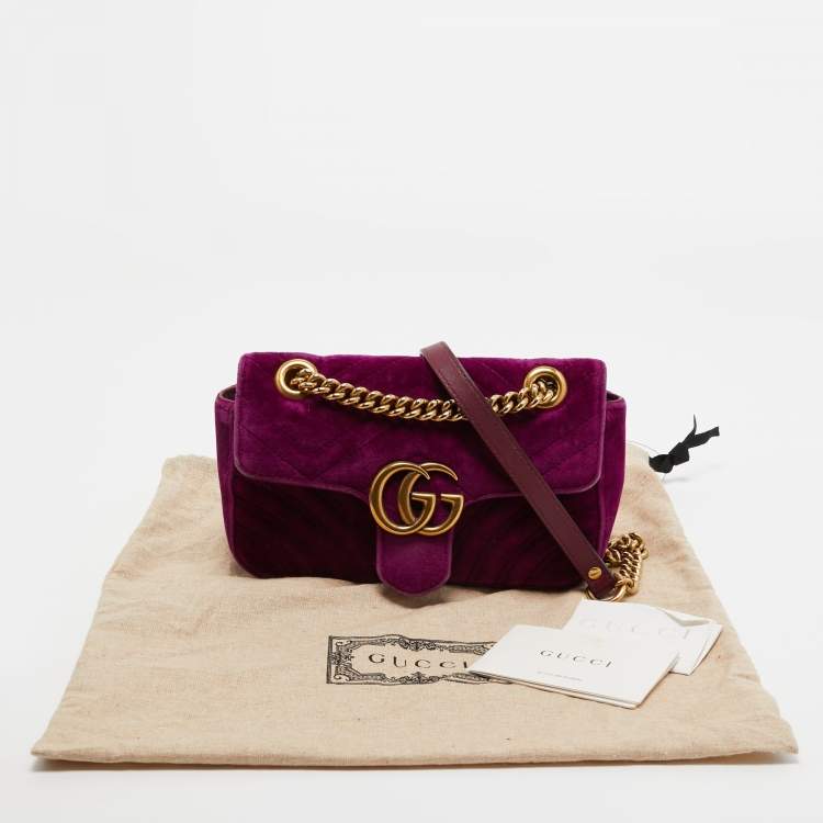 Pre Owned Gucci Purple Matelassé Velvet Small GG Marmont Shoulder Bag