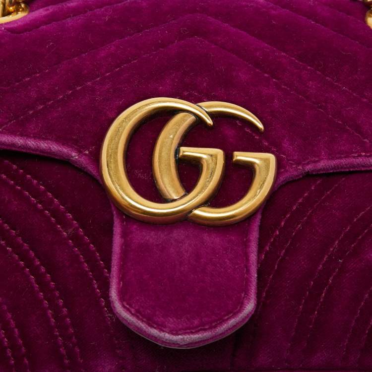 Pre Owned Gucci Purple Matelassé Velvet Small GG Marmont Shoulder Bag