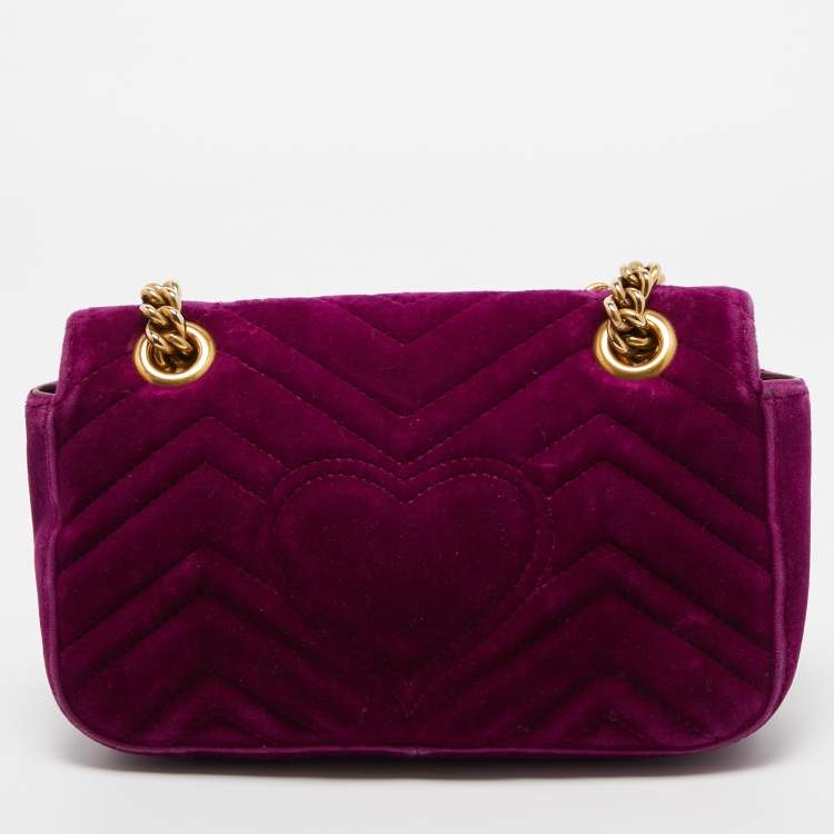 Pre Owned Gucci Purple Matelassé Velvet Small GG Marmont Shoulder Bag
