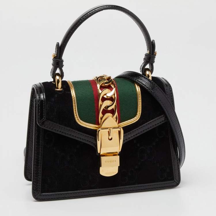 Pre Owned Gucci Black GG Velvet and Patent Leather Sylvie Top Handle Bag