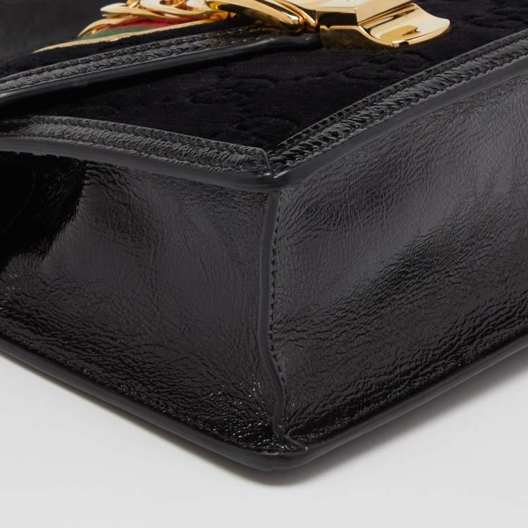 Pre Owned Gucci Black GG Velvet and Patent Leather Sylvie Top Handle Bag