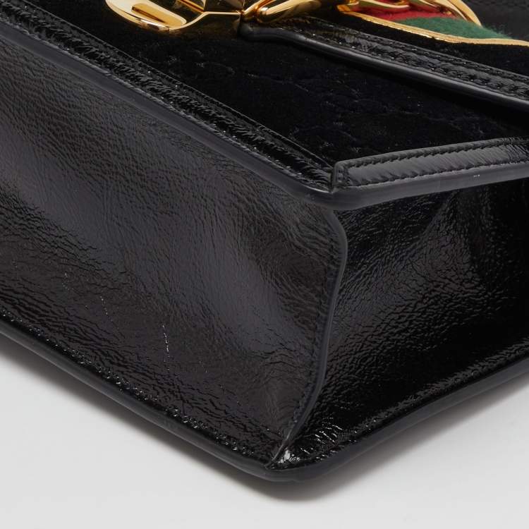Pre Owned Gucci Black GG Velvet and Patent Leather Sylvie Top Handle Bag