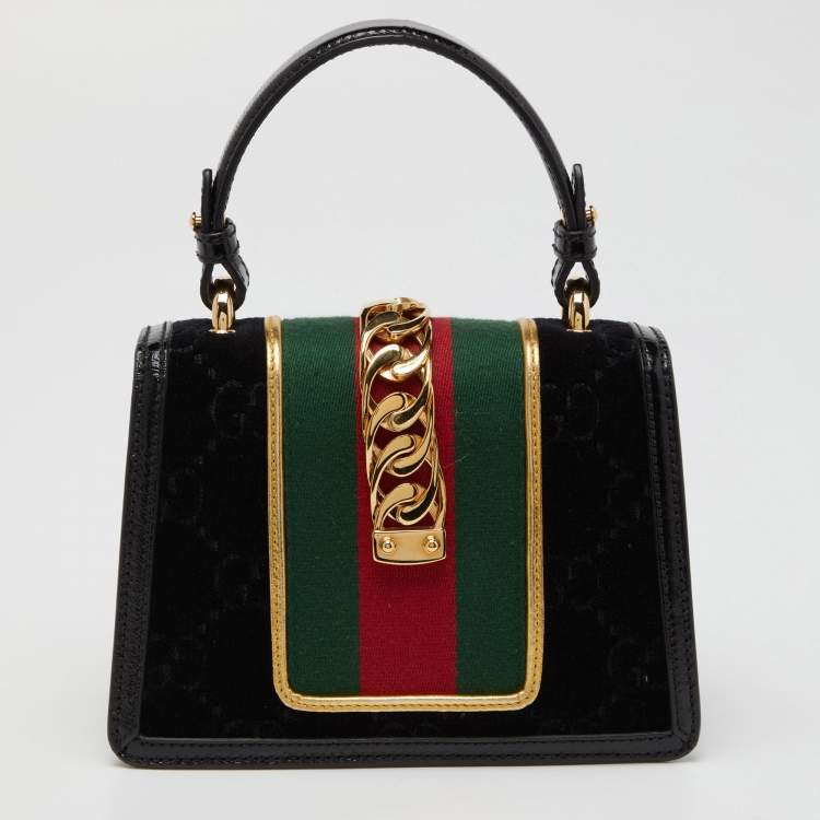 Pre Owned Gucci Black GG Velvet and Patent Leather Sylvie Top Handle Bag