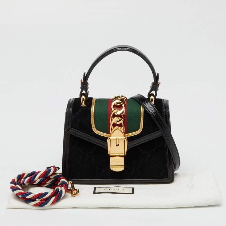 Pre Owned Gucci Black GG Velvet and Patent Leather Sylvie Top Handle Bag