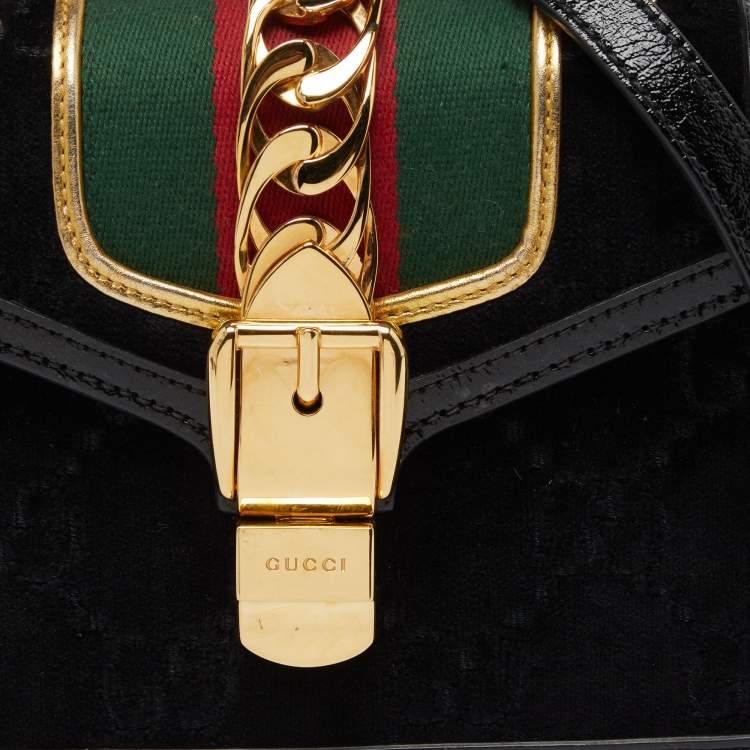 Pre Owned Gucci Black GG Velvet and Patent Leather Sylvie Top Handle Bag