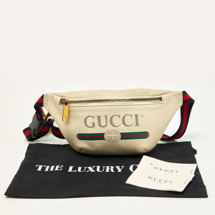 Pre Owned Gucci Cream Leather Logo Web Belt Bag