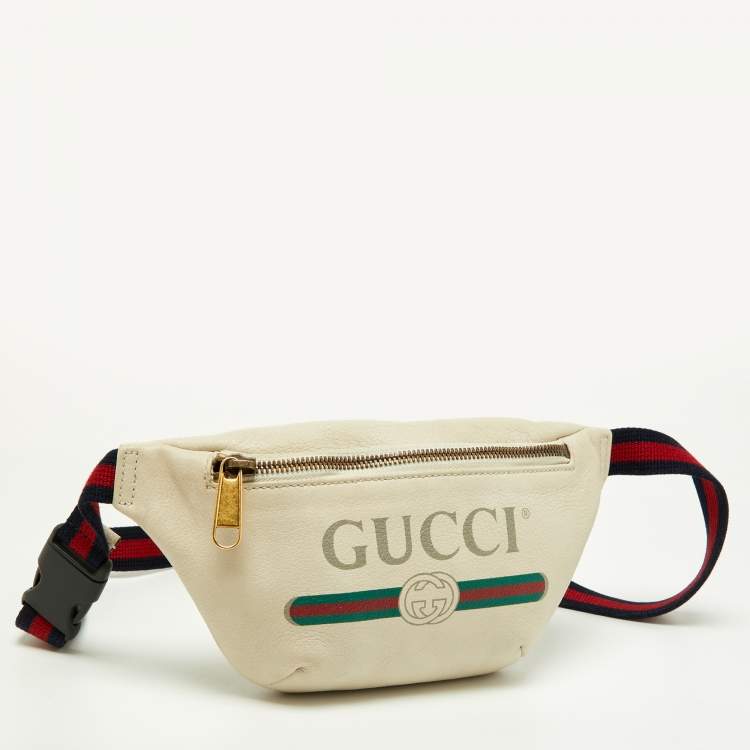 Pre Owned Gucci Cream Leather Logo Web Belt Bag
