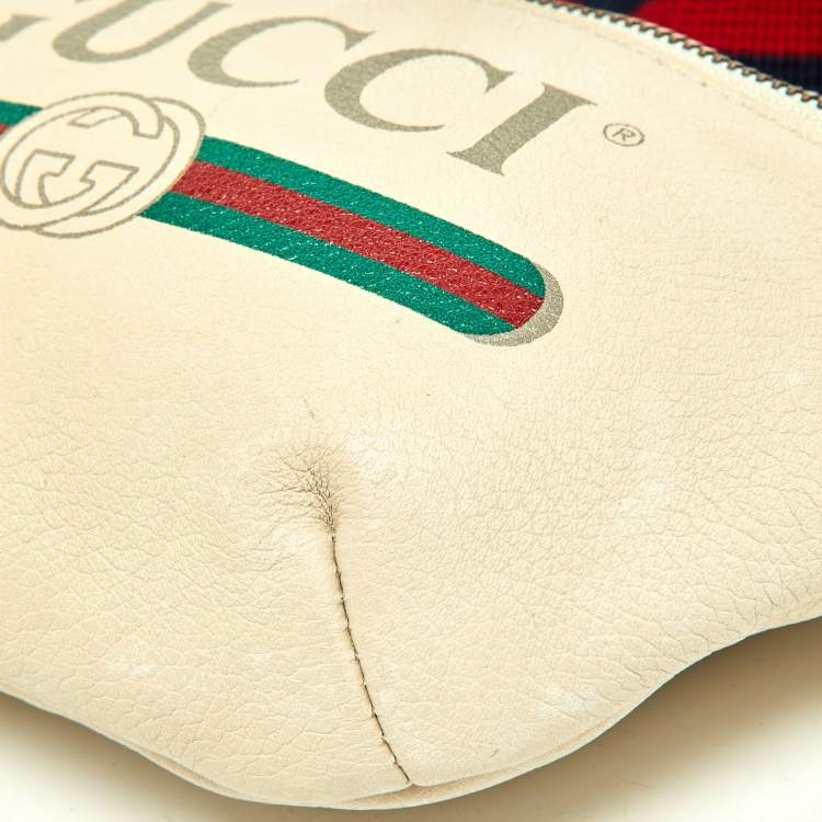 Pre Owned Gucci Cream Leather Logo Web Belt Bag