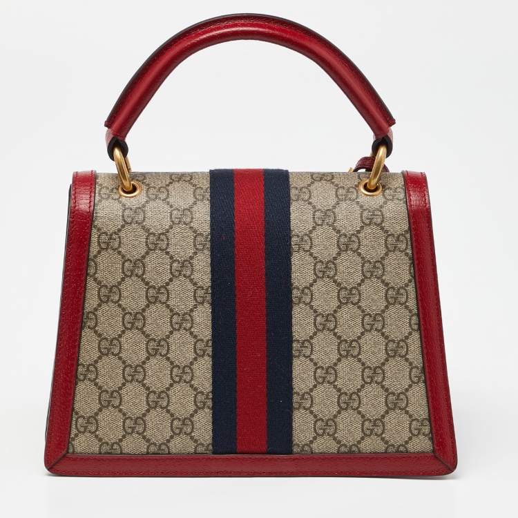 Pre Owned Gucci Beige/Red GG Supreme Canvas and Leather Small Queen Margaret Top Handle Bag