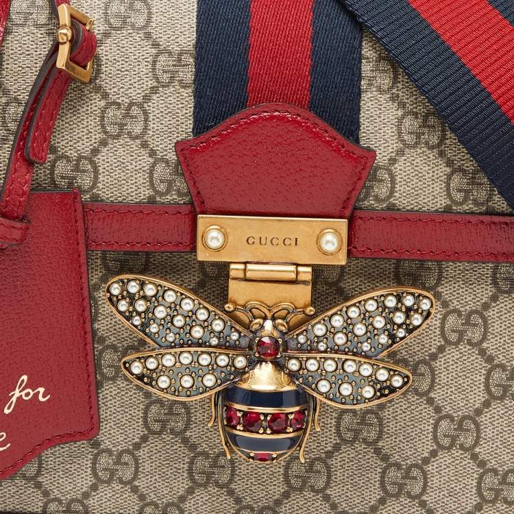 Pre Owned Gucci Beige/Red GG Supreme Canvas and Leather Small Queen Margaret Top Handle Bag