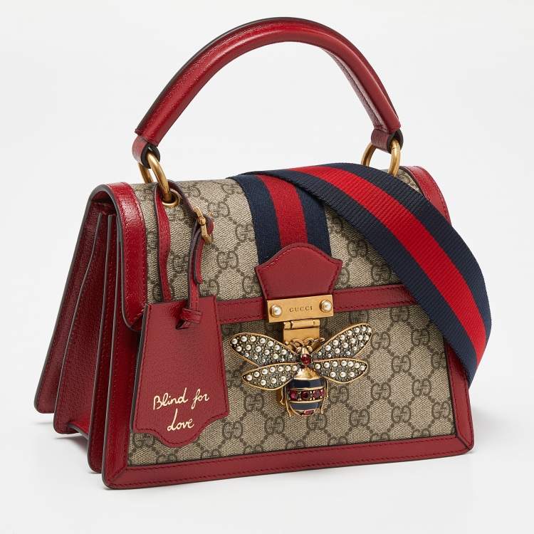Pre Owned Gucci Beige/Red GG Supreme Canvas and Leather Small Queen Margaret Top Handle Bag
