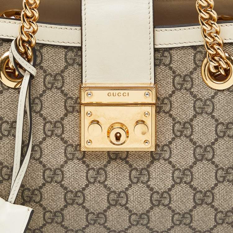Pre Owned Gucci Beige/Off White GG Supreme Canvas and Leather Small Padlock Tote