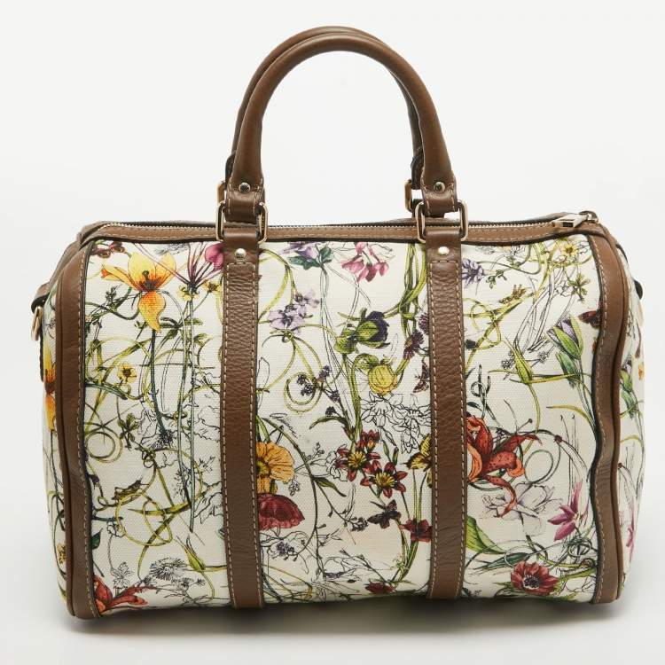 Pre Owned Gucci Dark Beige/White Floral Print Canvas and Leather Medium Boston Bag