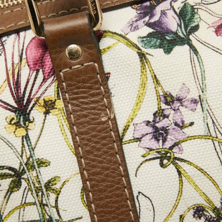 Pre Owned Gucci Dark Beige/White Floral Print Canvas and Leather Medium Boston Bag