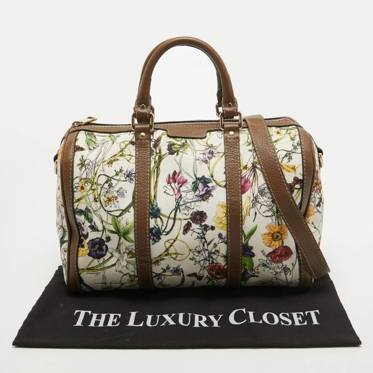 Pre Owned Gucci Dark Beige/White Floral Print Canvas and Leather Medium Boston Bag