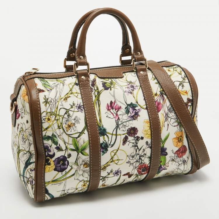 Pre Owned Gucci Dark Beige/White Floral Print Canvas and Leather Medium Boston Bag