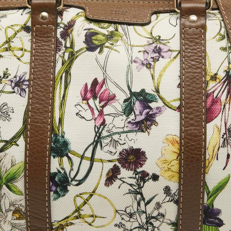 Pre Owned Gucci Dark Beige/White Floral Print Canvas and Leather Medium Boston Bag