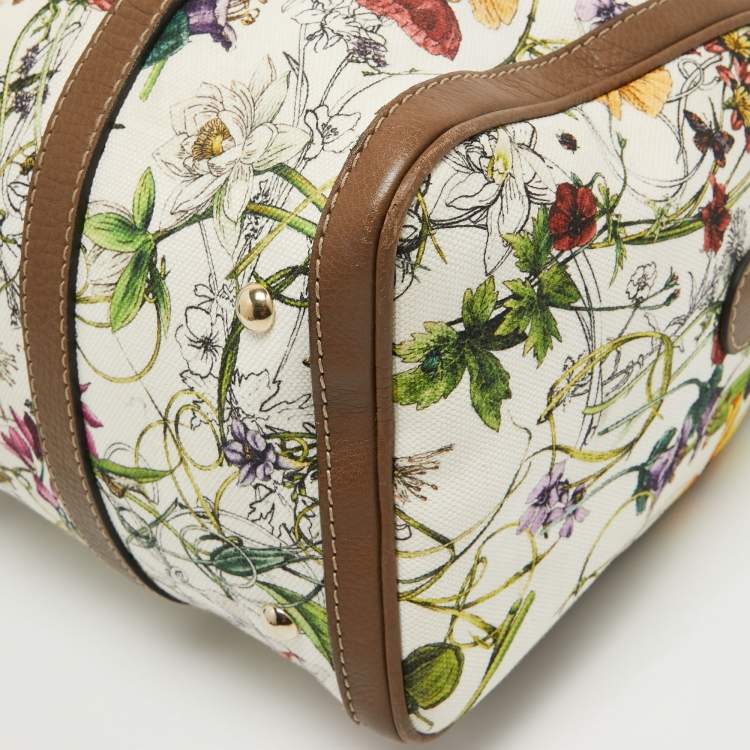 Pre Owned Gucci Dark Beige/White Floral Print Canvas and Leather Medium Boston Bag