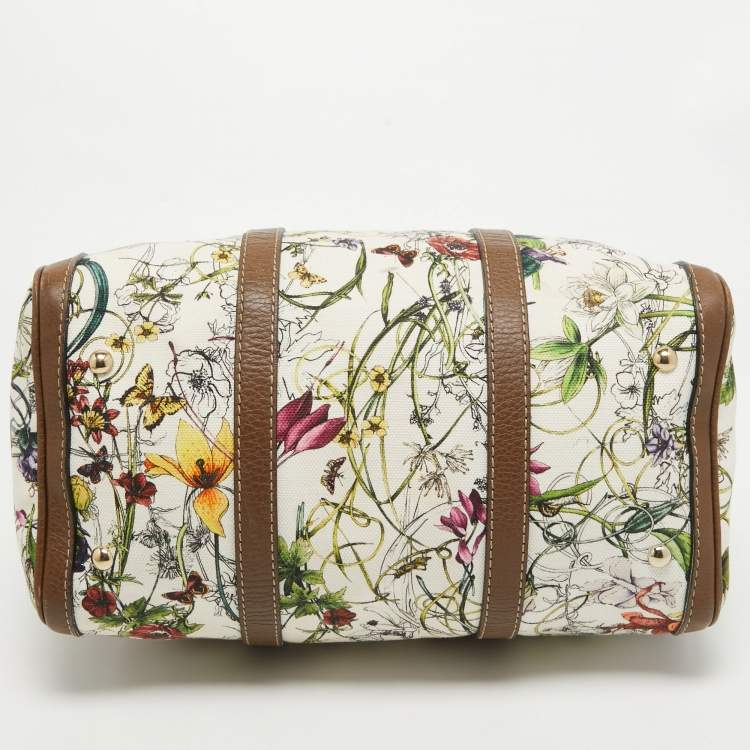 Pre Owned Gucci Dark Beige/White Floral Print Canvas and Leather Medium Boston Bag