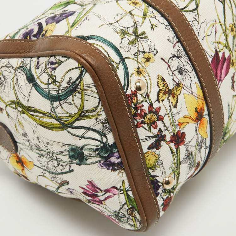 Pre Owned Gucci Dark Beige/White Floral Print Canvas and Leather Medium Boston Bag