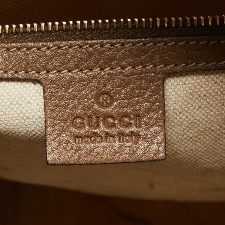 Pre Owned Gucci Dark Beige/White Floral Print Canvas and Leather Medium Boston Bag