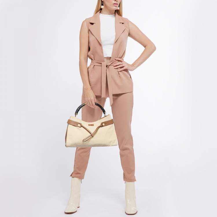 مملوكة مسبقًا Gucci Beige/Brown Canvas and Leather Vintage Bamboo Hobo