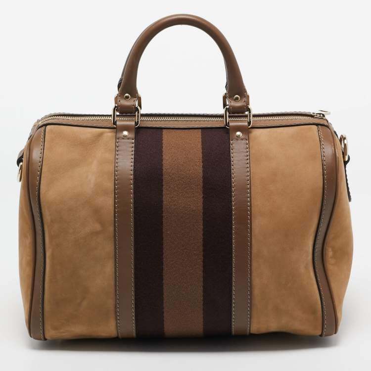 مملوكة مسبقًا Gucci Brown Nubuck and Leather Medium Vintage Web Boston Bag