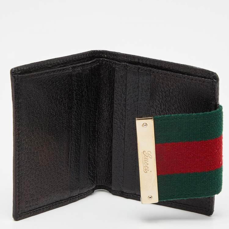 Pre Owned Gucci Black GG Canvas and Leather Web Compact Wallet