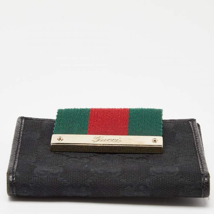 Pre Owned Gucci Black GG Canvas and Leather Web Compact Wallet