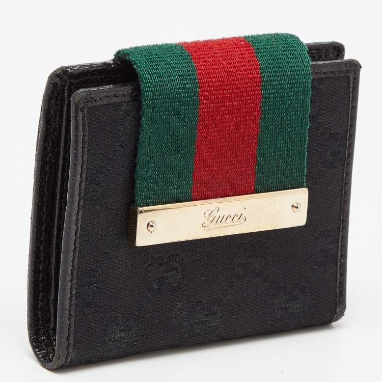 Pre Owned Gucci Black GG Canvas and Leather Web Compact Wallet