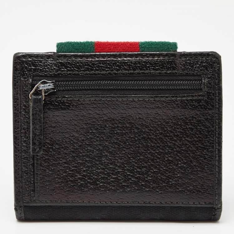 Pre Owned Gucci Black GG Canvas and Leather Web Compact Wallet