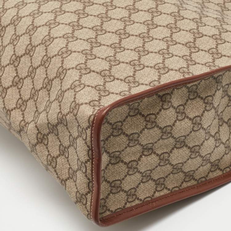 Pre Owned Gucci Beige/Brown GG Supreme Canvas and Leather Vertical Web Loop Shopper Tote