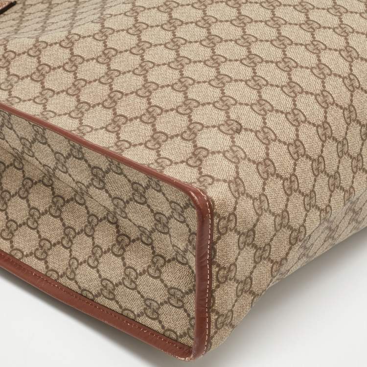 Pre Owned Gucci Beige/Brown GG Supreme Canvas and Leather Vertical Web Loop Shopper Tote