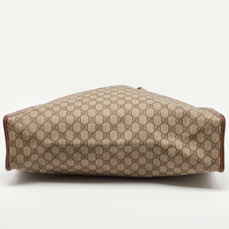 Pre Owned Gucci Beige/Brown GG Supreme Canvas and Leather Vertical Web Loop Shopper Tote