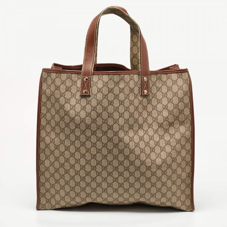 Pre Owned Gucci Beige/Brown GG Supreme Canvas and Leather Vertical Web Loop Shopper Tote