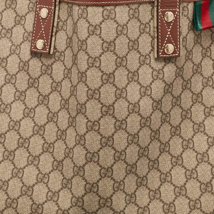 Pre Owned Gucci Beige/Brown GG Supreme Canvas and Leather Vertical Web Loop Shopper Tote