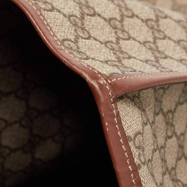 Pre Owned Gucci Beige/Brown GG Supreme Canvas and Leather Vertical Web Loop Shopper Tote