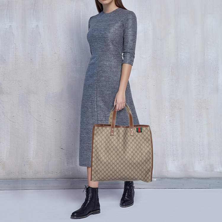 Pre Owned Gucci Beige/Brown GG Supreme Canvas and Leather Vertical Web Loop Shopper Tote