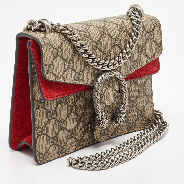 Pre Owned Gucci Beige/Red GG Supreme Canvas and Suede Mini Dionysus Shoulder Bag