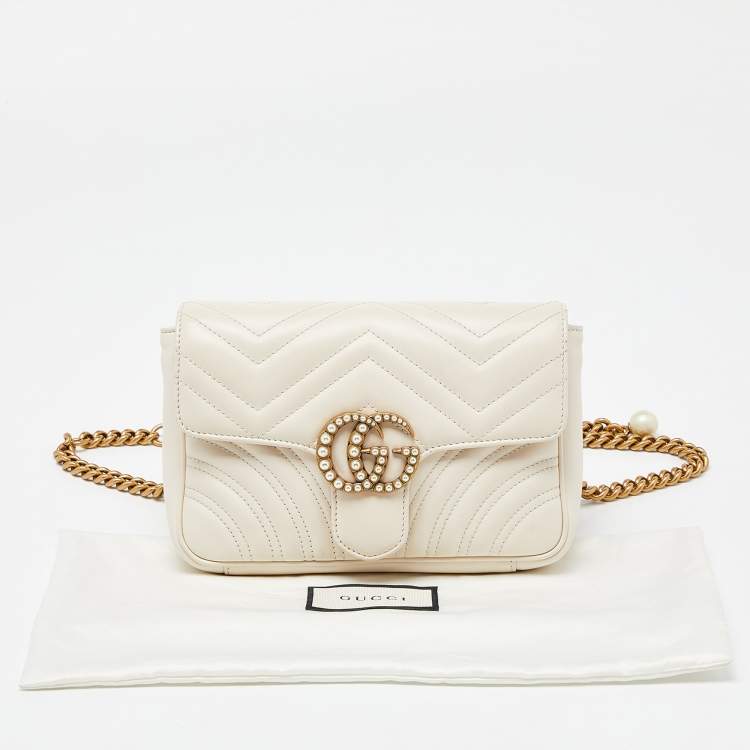 Pre Owned Gucci Off White Matelassé Leather GG Pearl Marmont Chain Belt Bag