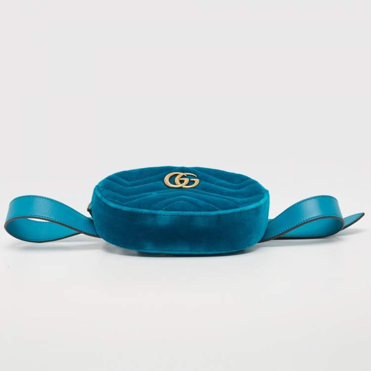 Pre Owned Gucci Teal Green Matelassé Velvet GG Marmont Belt Bag