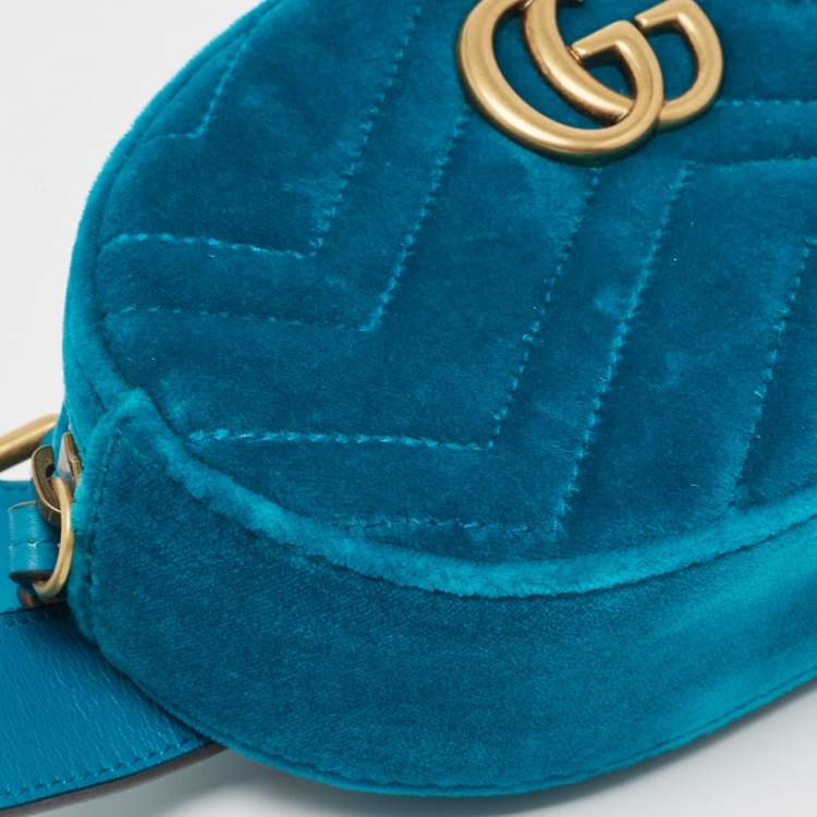 Pre Owned Gucci Teal Green Matelassé Velvet GG Marmont Belt Bag