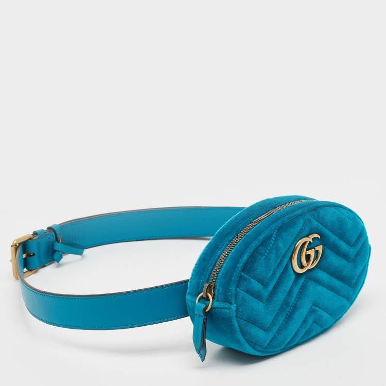 Pre Owned Gucci Teal Green Matelassé Velvet GG Marmont Belt Bag