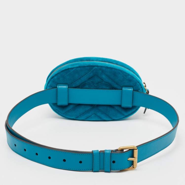 Pre Owned Gucci Teal Green Matelassé Velvet GG Marmont Belt Bag