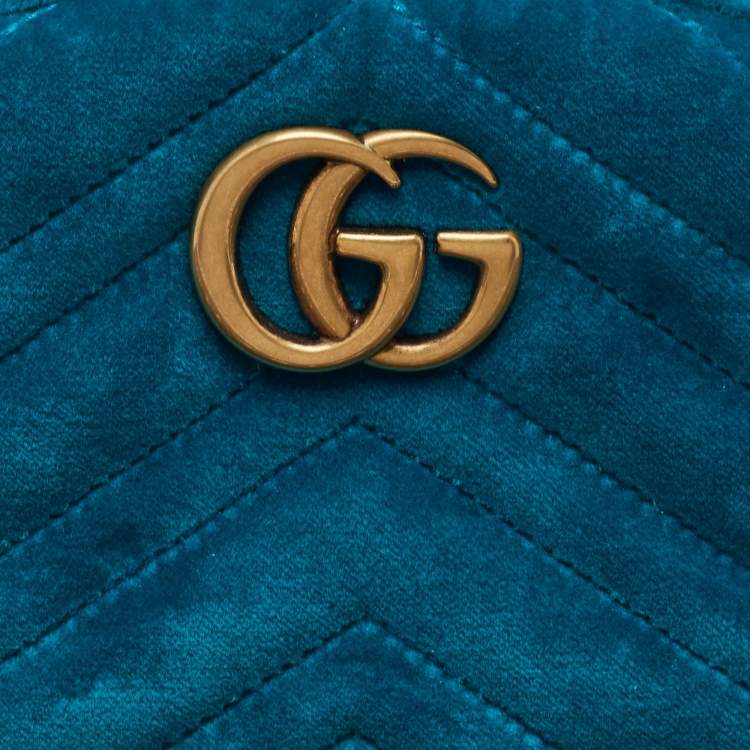 Pre Owned Gucci Teal Green Matelassé Velvet GG Marmont Belt Bag
